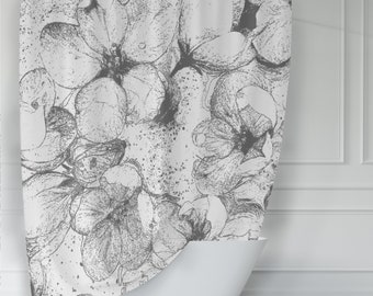 Apple Blossom Shower Curtain, Large-Scale, Gray Sketch Style