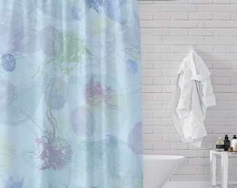 Underwater Jellyfish In Colorful Pastel Blues Pop Art Print Shower Curtain - Machine Washable Fabric for Fun and Unique Kids Bathroom