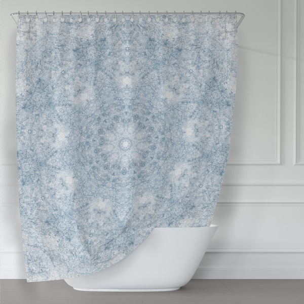 Blue and White Textured Mandala Pattern Fabric Shower Curtain for a Clean Rustic Bathroom