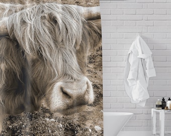 Highland Cow Shower Curtain - Neutral Sepia Farmhouse Bath Decor