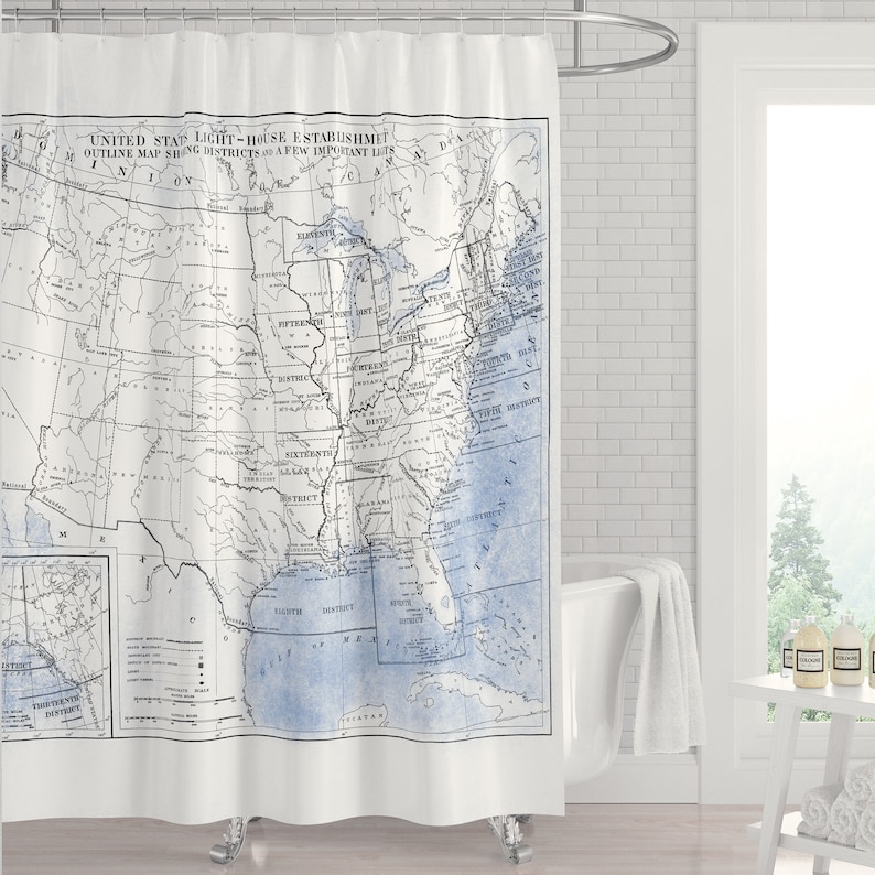 Coastal & United States Map Fabric Shower Curtain in Blue Etsy