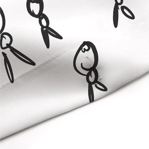 May include: A white background with a repeating pattern of black stick figure drawings. The stick figures are all in the same pose, with their arms raised above their heads.