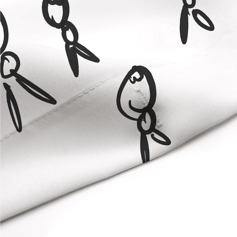 May include: A white background with a repeating pattern of black stick figure drawings. The stick figures are all in the same pose, with their arms raised above their heads.