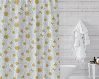 Daisies Print Shower Curtain - White and Yellow Carpet of Spring Flowers - Luxurious Silky Fabric - Original Art / Design -