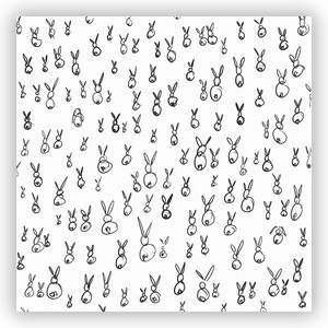 May include: A seamless pattern of black and white hand-drawn bunny rabbits on a white background.