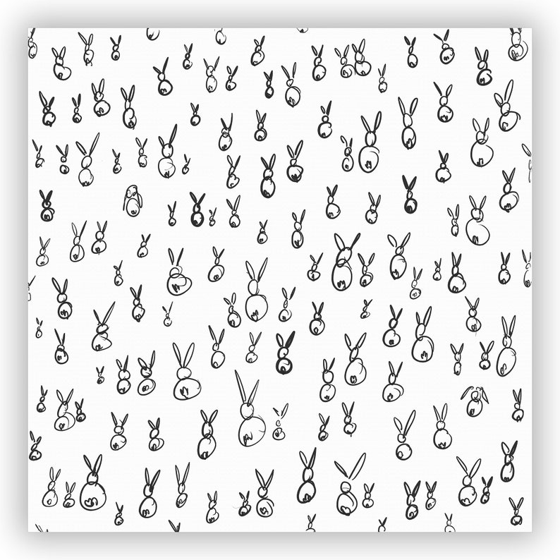 May include: A seamless pattern of black and white hand-drawn bunny rabbits on a white background.
