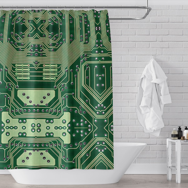 Circuit Board Fabric Shower Curtain in Green for Geeky Kids / Nerdy Grown-Ups