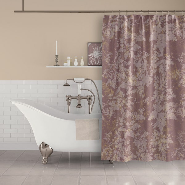 Dusty Pink / Rose Gold and Gray Botanical Print Shabby Damask Style Farmhouse Fabric Shower Curtain