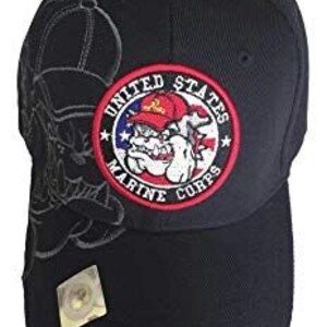 May include: Black baseball cap with a red, white, and blue embroidered patch that says "United States Marine Corps" and features a bulldog with an American flag in the background.