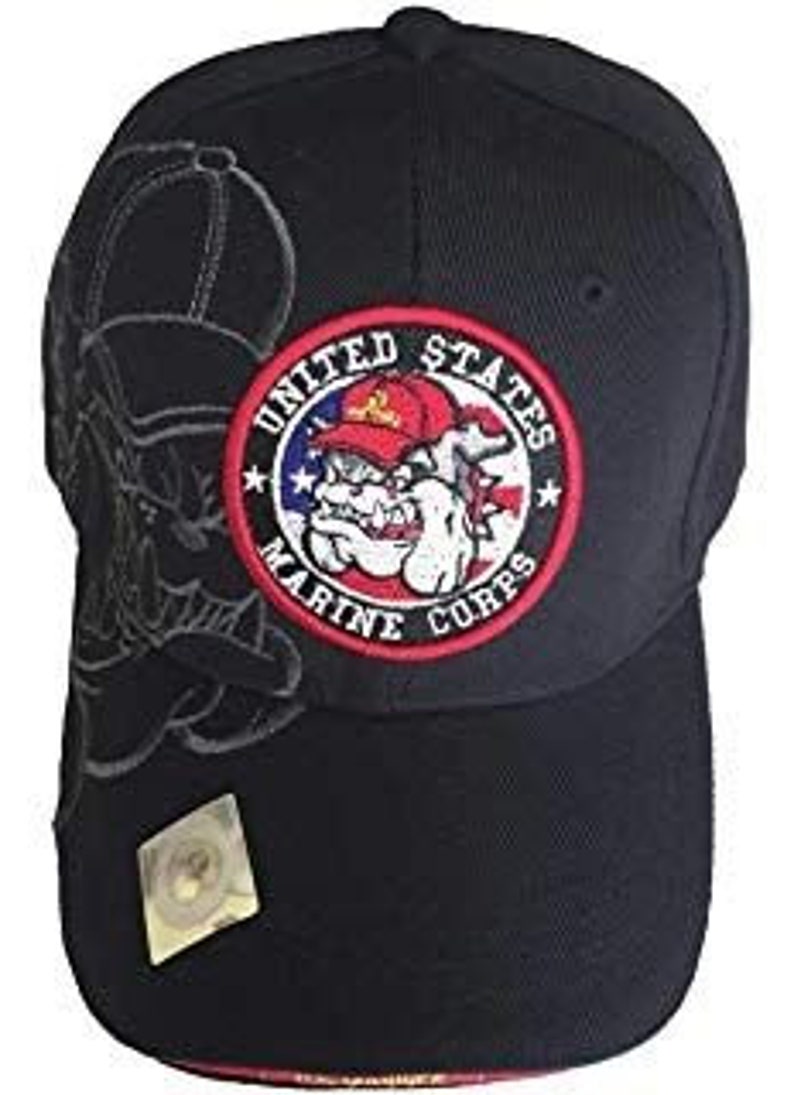 May include: Black baseball cap with a red, white, and blue embroidered patch that says "United States Marine Corps" and features a bulldog with an American flag in the background.