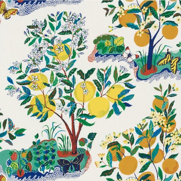 Schumacher Citrus Garden Primary Indoor/ Outdoor Polyester fabric By the Yard 36" x 54" wide Lemon Fabric