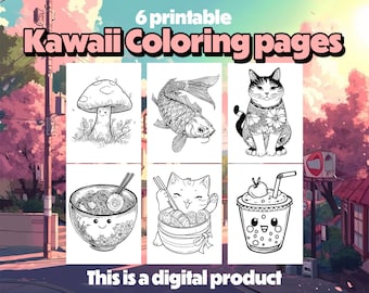 Printable Kawaii Coloring pages, cute Japanese, japan coloring instant downloadable coloring sheet