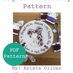 May include: A PDF embroidery pattern for a hoop art project featuring a cartoon character with the text "I'm a damsel, I'm in distress, I can handle this, have a nice day".