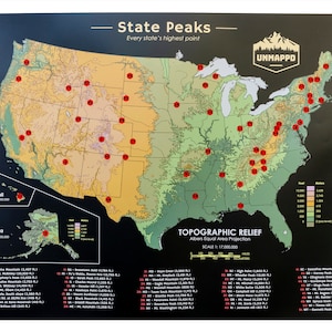 May include: A black and green map of the United States showing the highest point in each state. The map is titled "State Peaks" and "Every state's highest point". The map also includes a key showing the elevation of each state. The map is from Unmapped.
