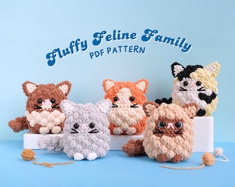 Fluffy Feline Family Crochet Patterns Bundle | Calico Cat, Siamese Cat, Grey Cat, Orange Cat, Brown Cat,  Amigurumi Crochet Pattern