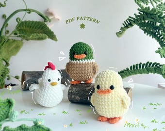 Adorable Farm No Sew Crochet Pattern, No Sew Amigurumi Crochet Patterns, Duck Crochet Pattern, Mallard Duck Pattern, Rooster Crochet Pattern