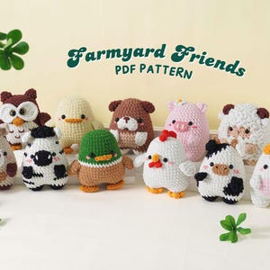 May include: A selection of crocheted farm animal toys, such as an owl, duck, bear, pig, sheep, cow, chicken, and bunny. Each toy is made with detailed features and bright colours, ideal for a nursery or child's room. The text "Farmyard Friends PDF Pattern" is displayed above the toys.