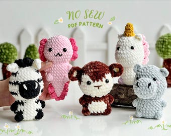 No Sew Zoo Animal Bundle Crochet Pattern, No Sew Amigurumi Crochet Patterns, Monkey Pattern, Unicorn Pattern, Hippo Pattern, Axolotl Pattern