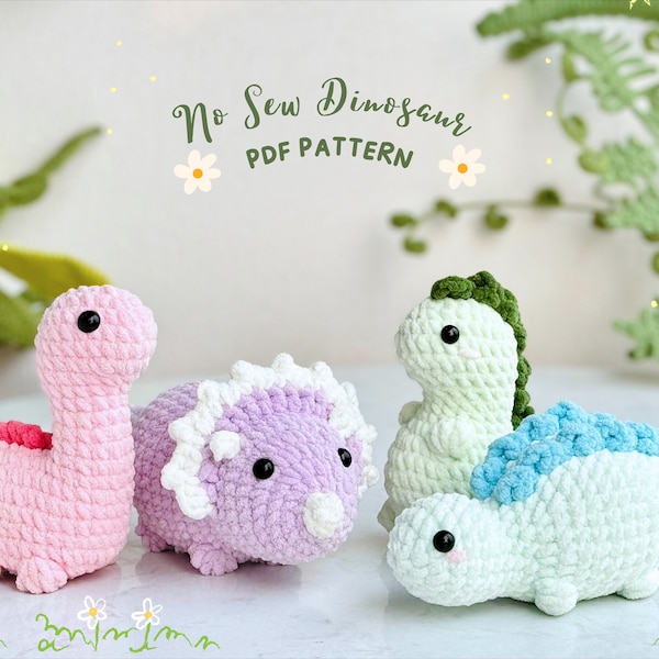 Dinosaur Jurassic World Geen naai haakpatroon, Geen naai Amigurumi haakpatronen | Triceratops, Tyrannosaurus, Stegosaurus, Dinosaurus