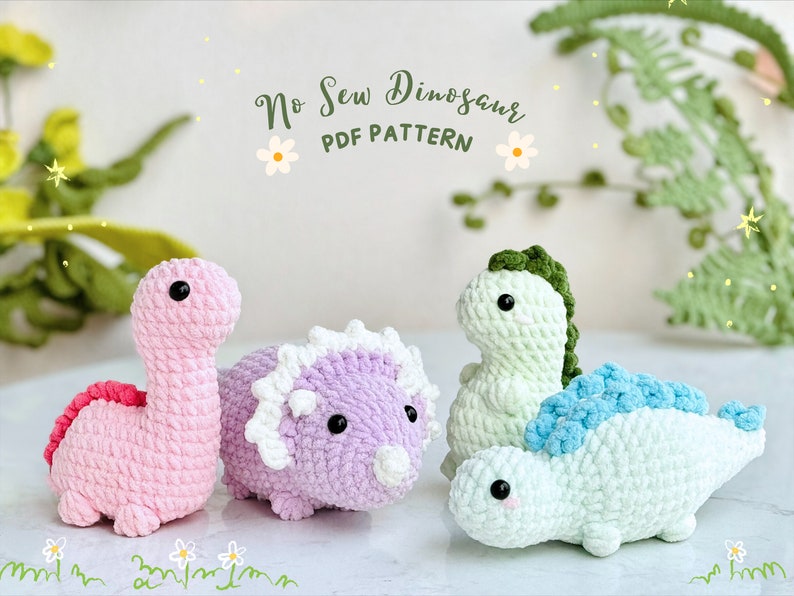 Dinosaur Jurassic World Geen naai haakpatroon, Geen naai Amigurumi haakpatronen Triceratops, Tyrannosaurus, Stegosaurus, Dinosaurus afbeelding 1