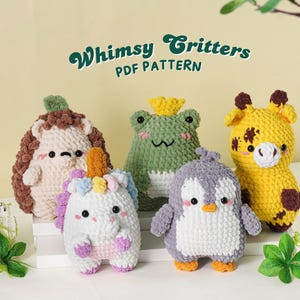 Whimsy Critters Crochet Patterns Bundle | Hedgehog Pattern, Frog Pattern, Giraffe Pattern, Unicorn Pattern, Penguin Pattern