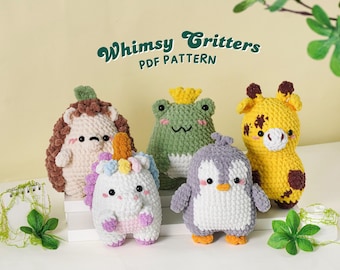 Whimsy Critters Crochet Patterns Bundle | Hedgehog Pattern, Frog Pattern, Giraffe Pattern, Unicorn Pattern, Penguin Pattern