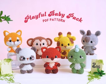 Playful Baby Pack Crochet Patterns Bundle | Shiba Pattern, Rhino Pattern, Panda Pattern, Monkey Pattern, Giraffe Pattern, Dinosaur Pattern