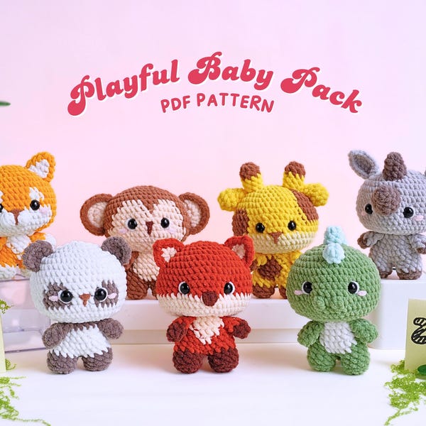 Paquete de patrones de crochet para bebés juguetones: patrón de shiba, patrón de rinoceronte, patrón de panda, patrón de mono, patrón de jirafa, patrón de dinosaurio