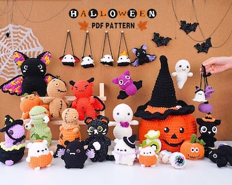 May include: A collection of crocheted Halloween-themed toys, including pumpkins, ghosts, bats, and a witch's hat. The toys are arranged on a wooden shelf and a brown background. The text "HALLOWEEN PDF PATTERN" is displayed at the top of the image.