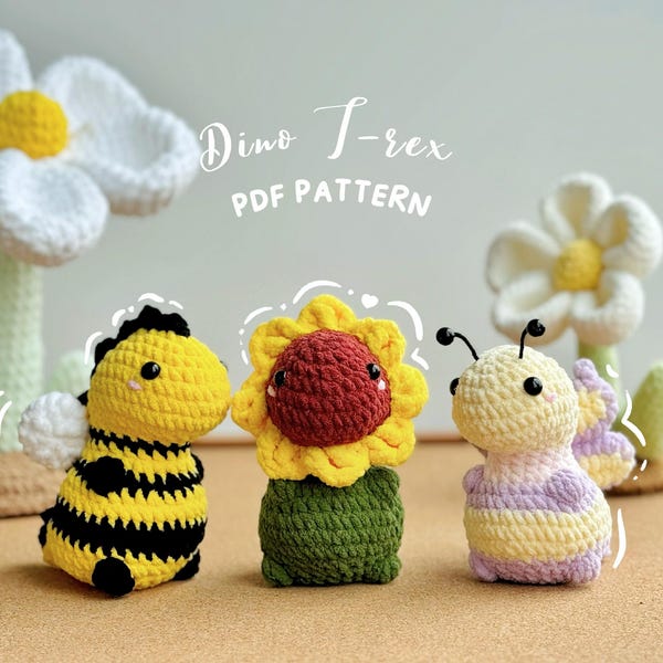 Patrón de crochet sin costura para dinosaurio girasol, patrón de crochet para dinosaurio mariposa, patrón de crochet para abeja rex, patrones de crochet para amigurumi sin costura