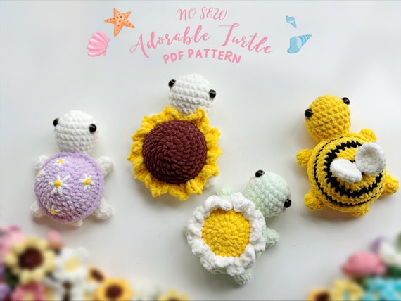 Turtle No Sew Crochet Pattern, Bumble Bee Turtle Pattern, Daisy Turtle Crochet, Sunflower Turtle Crochet, Combo Turtle Patterns