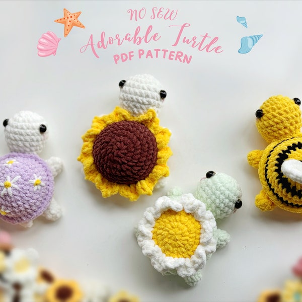 Turtle No Sew Crochet Pattern, Bumble Bee Turtle Pattern, Daisy Turtle Crochet, Sunflower Turtle Crochet, Combo Turtle Patterns