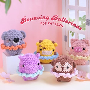 以下が含まれることがあります： バレリーナに扮した、かぎ針編みで作ったぬいぐるみが5体。動物はコアラ、キリン、ブタ、カバ、サル。それぞれカラフルなチュチュを着ていて、顔の色も違います。