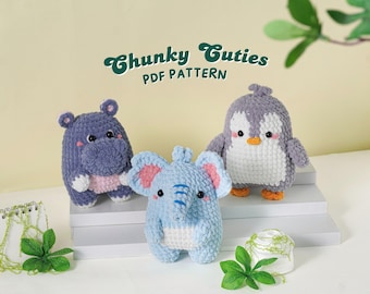 Chunky Cuties Crochet Patterns Bundle | Elephant Pattern, Hippo Pattern, Penguin Pattern, Amigurumi Crochet Pattern, Low Sew Crochet Pattern