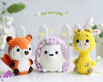 Zoo Animals No Sew Crochet Pattern, No Sew Amigurumi Crochet Patterns, Fox Crochet Pattern, Giraffe Pattern, Hedgehog Pattern