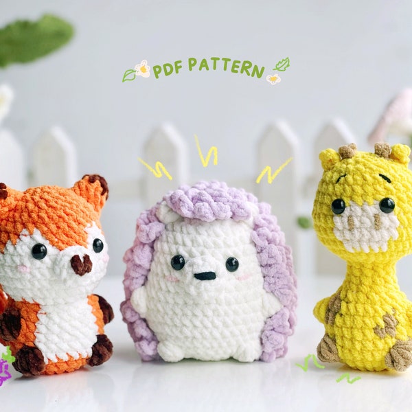 Zootiere No Sew Häkelanleitung, No Sew Amigurumi Häkelanleitungen, Fuchs Häkelanleitung, Giraffen-Muster, Igel-Muster