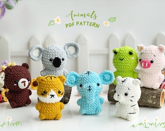 Animal No Sew Crochet Pattern, No Sew Amigurumi Crochet Patterns, Cat, Elephants, Tiger, Frog , Pig, Bear, Koala Crochet Pattern