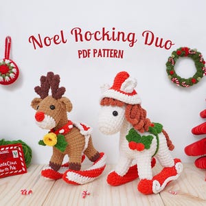 May include: Crochet pattern for a rocking reindeer and rocking horse, both dressed in festive Christmas colors. The pattern is titled "Noel Rocking Duo PDF Pattern".