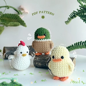 Adorable Farm No Sew Crochet Pattern, No Sew Amigurumi Crochet Patterns, Duck Crochet Pattern, Mallard Duck Pattern, Rooster Crochet Pattern