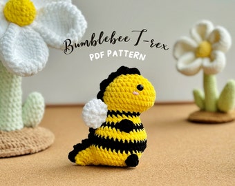 Bumble Bee T-rex No Sew Crochet Pattern, No Sew Amigurumi Crochet Patterns, Dinosaur Crochet Pattern, Dinosaur No Sew Crochet Pattern