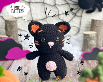 Patrón de crochet de gato negro para Halloween, decoración de gato para Halloween, animal de peluche, crochet de Halloween, patrón de crochet amigurumi