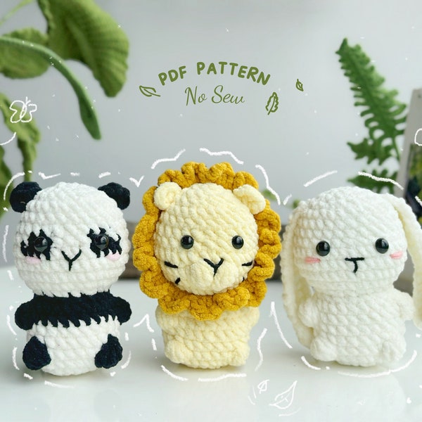 Zoo Animals No Sew Crochet Pattern, No Sew Amigurumi Crochet Patterns, Panda Crochet Pattern, Rabbit Crochet Pattern, Lion Crochet Pattern