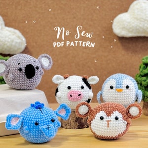 No Sew Amigurumi Crochet Pattern, No Sew Crochet | Koala Pattern, Milk Cow Pattern, Monkey Pattern, Elephant Pattern, Penguins Pattern