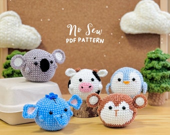 Geen naai Amigurumi haakpatroon, geen naai haakpatroon | Koalapatroon, melkkoepatroon, aappatroon, olifantenpatroon, pinguïnspatroon