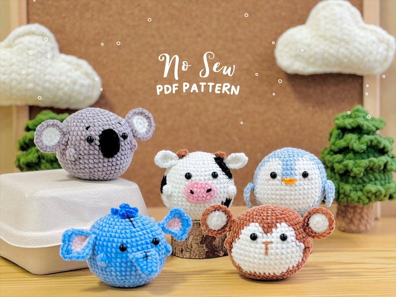 Patron Amigurumi sans couture, Crochet sans couture Motif koala, motif vache laitière, motif singe, motif éléphant, motif pingouin image 1