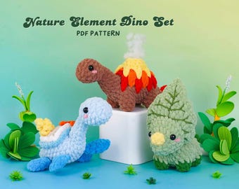 Nature Element Dino Crochet Pattern Bundle, Fire Brachiosaurus Pattern, Water Plesiosaur Pattern, Grass Triceratops Pattern, PDF Pattern