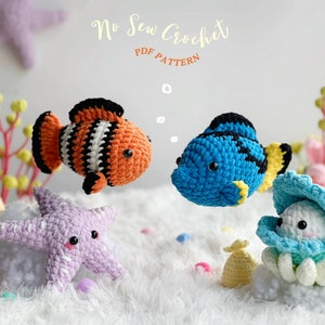 Ocean No Sew Crochet Pattern, No Sew Amigurumi Crochet Patterns | Blue Tang, Clownfish, Mussel, Starfish