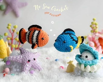 Ocean No Sew Häkelanleitung, No Sew Amigurumi Häkelanleitungen | Blauer Tang, Clownfisch, Muschel, Seestern