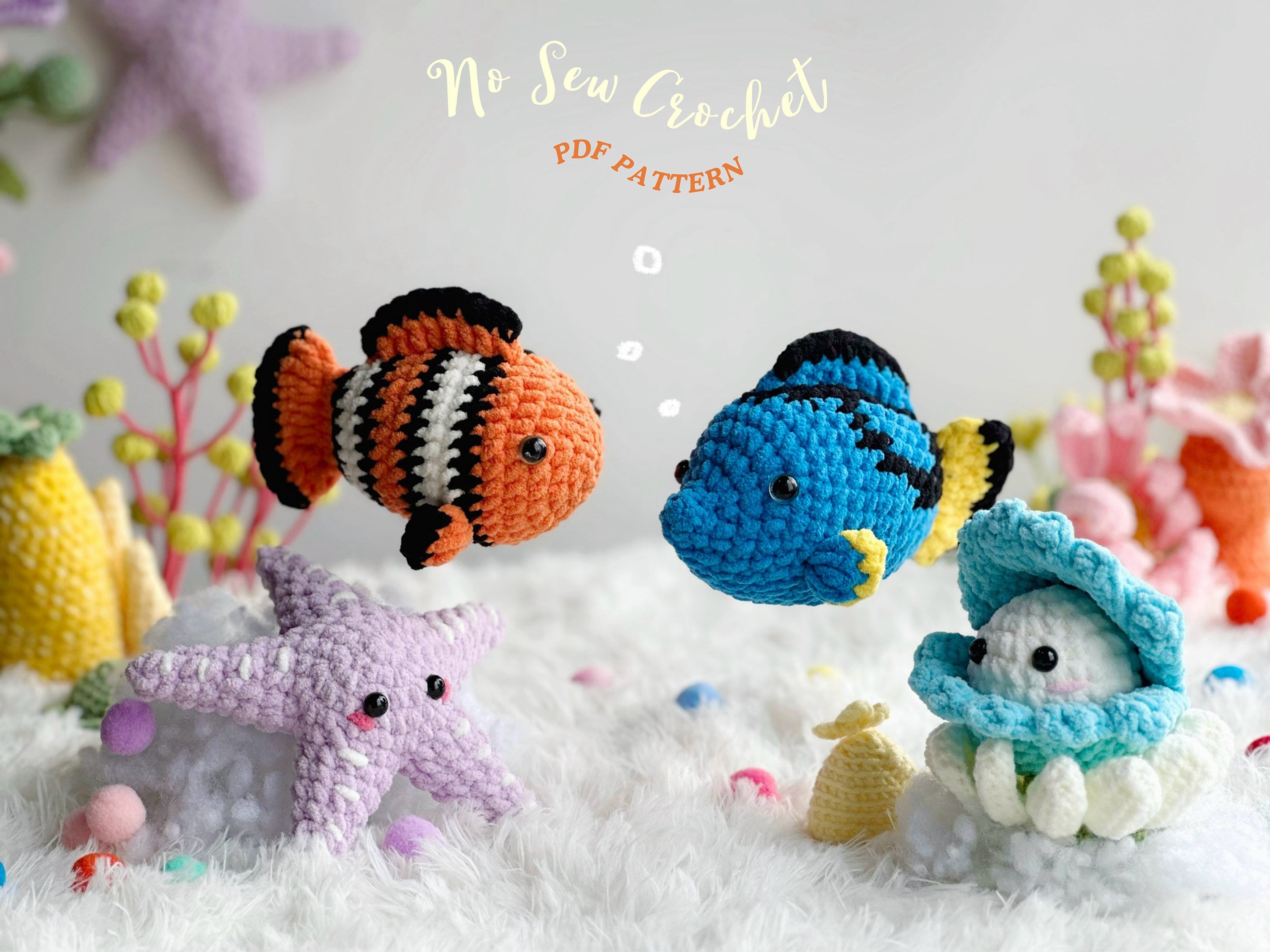 Schema all'uncinetto senza cuciture Ocean, schemi all'uncinetto Amigurumi senza cuciture / Pesce chirurgo blu, pesce pagliaccio, cozza, stella marina