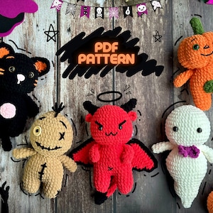 5IN1 Crochet Pattern Halloween, Halloween Amigurumi Crochet Pattern, Pumpkin, Voodoo Doll, Black cat, Baphomet, Ghostly Halloween